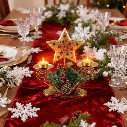 Christmas Candle Holders - Metal Table Centerpiece with Artificial Berries & Pine Cones | Festive Decor