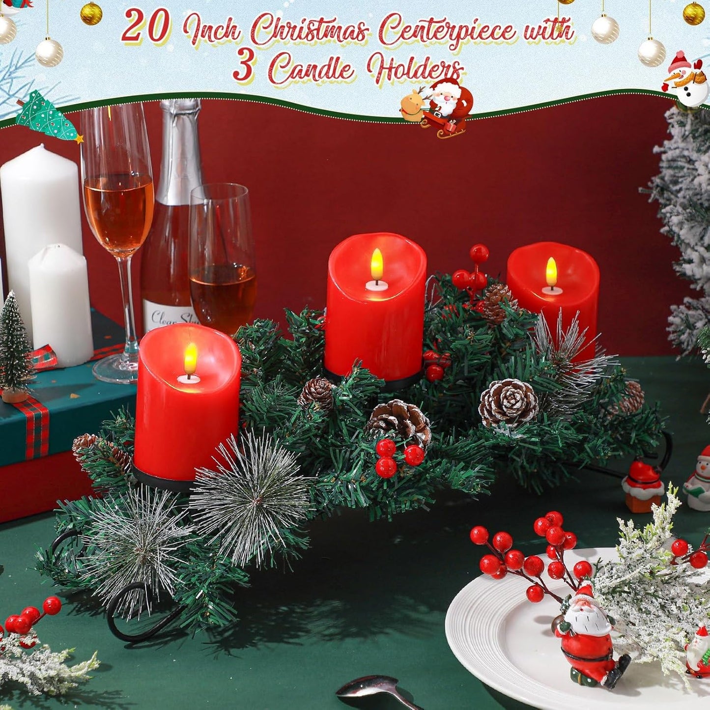 Mudder Christmas Table Centerpiece Set - 20" Steel Base with 3 Flameless LED Candles & Red Berry Decor