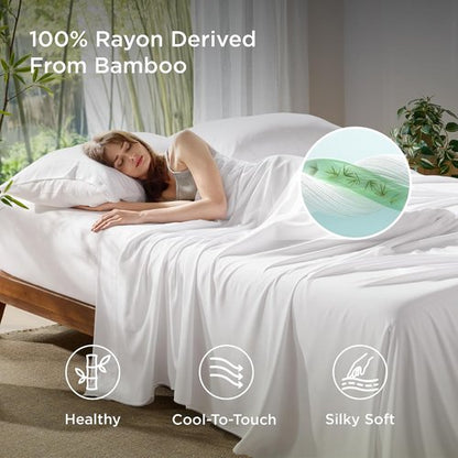 Bedsure Cooling California King Sheet Set - Breathable Rayon from Bamboo, Deep Pocket, Soft White Luxury Bedding