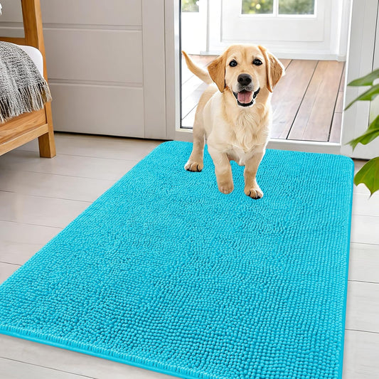 OLANLY Dog Door Mat - Absorbent Non-Slip Chenille Mat for Muddy Paws | Quick Dry 44x32 Aqua Blue