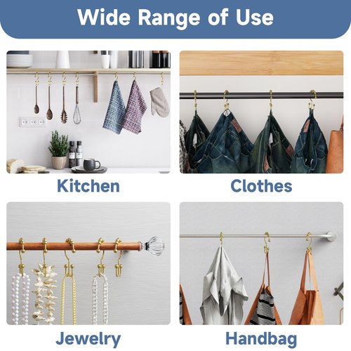 Titanker Gold Shower Curtain Hooks Rings, Rust-Resistant Metal Double Glide Shower Hooks Rings for Bathroom Shower Curtains Rods, Set of 12 Hooks - Light Gold