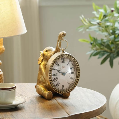 Gold Elephant Table Clock - Silent Battery-Operated Mantel Desk Clock