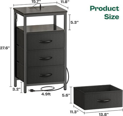 Huuger Night Stand - 3 Drawer Bedside Table with Charger Station & LED Lights | Black Fabric Dresser