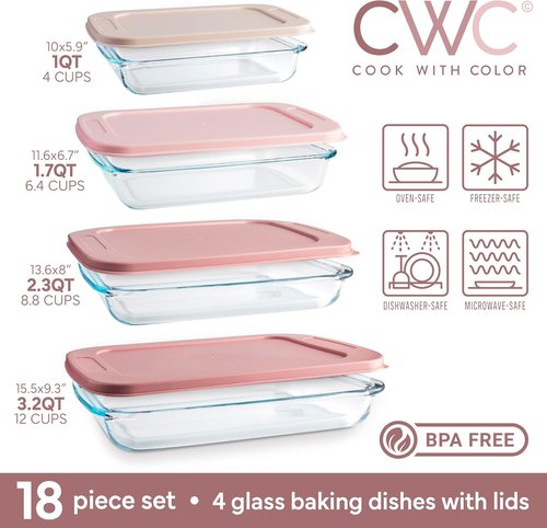 Cook With Color 8 Pc. Glass Baking Dish Set - Deep Casserole Dishes with Lids, Oven & Microwave Safe, Clear & Pink