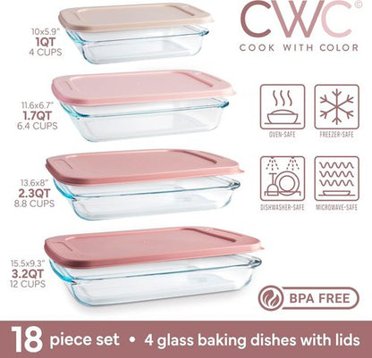 Cook With Color 8 Pc. Glass Baking Dish Set - Deep Casserole Dishes with Lids, Oven & Microwave Safe, Clear & Pink