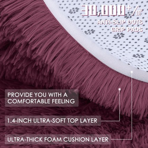 OLANLY Burgundy Round Rugs for Bedroom - Machine Washable, 9 ft Circle Area Rugs for Living Room, Soft and Fluffy Shaggy Carpet for Teen Girls and Boys, Nursery Rooms, Dorms, Home Decor Aesthetic