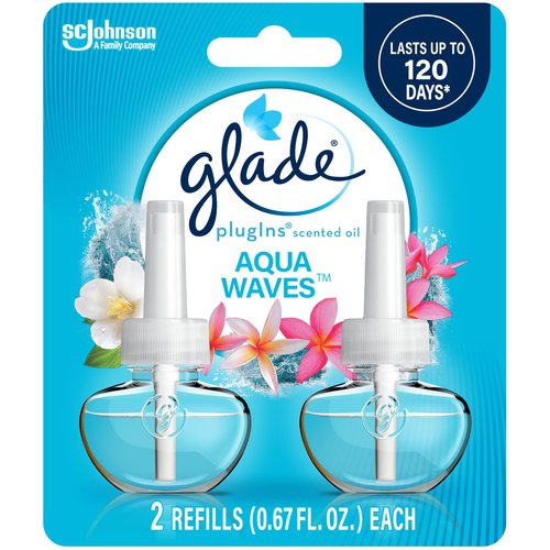 Glade PlugIns Refills Air Freshener, Scented and Essential Oils for Home and Bathroom, Aqua Waves, 1.34 Fl Oz, 2 Count