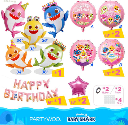 Baby Shark | PartyWoo Family Foil Balloons - 13pcs Pink Round & Star Mylar Set for Kids' Birthday Party Decorations