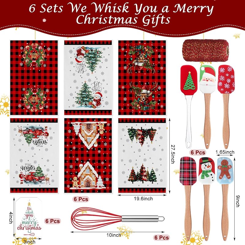 6 Set Christmas Kitchen Tools Gift Set with Buffalo Plaid - Whisks, Spatulas, Towels & Cards (Variation: 6+Buffalo Plaid)