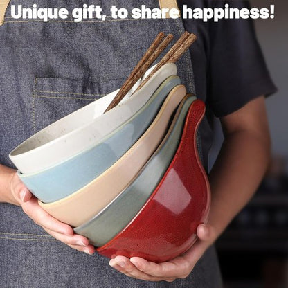Artena Ramen Bowl - 42oz Ceramic Noodle Bowl Set with Chopsticks | Large Deep Soup & Pasta Bowl in Red