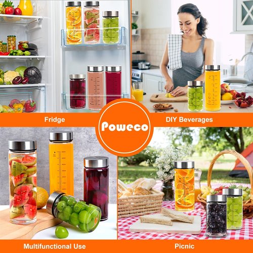 Glass Juice Bottles 4 Pack 16 oz - Wide Mouth Glass Water Bottles with Lids - for Juicing, Protein, Smoothie, Milk, Reusable, BPA Free, Stainless Steel Lids, Blender, Shaker Bottle (16oz/500ml)