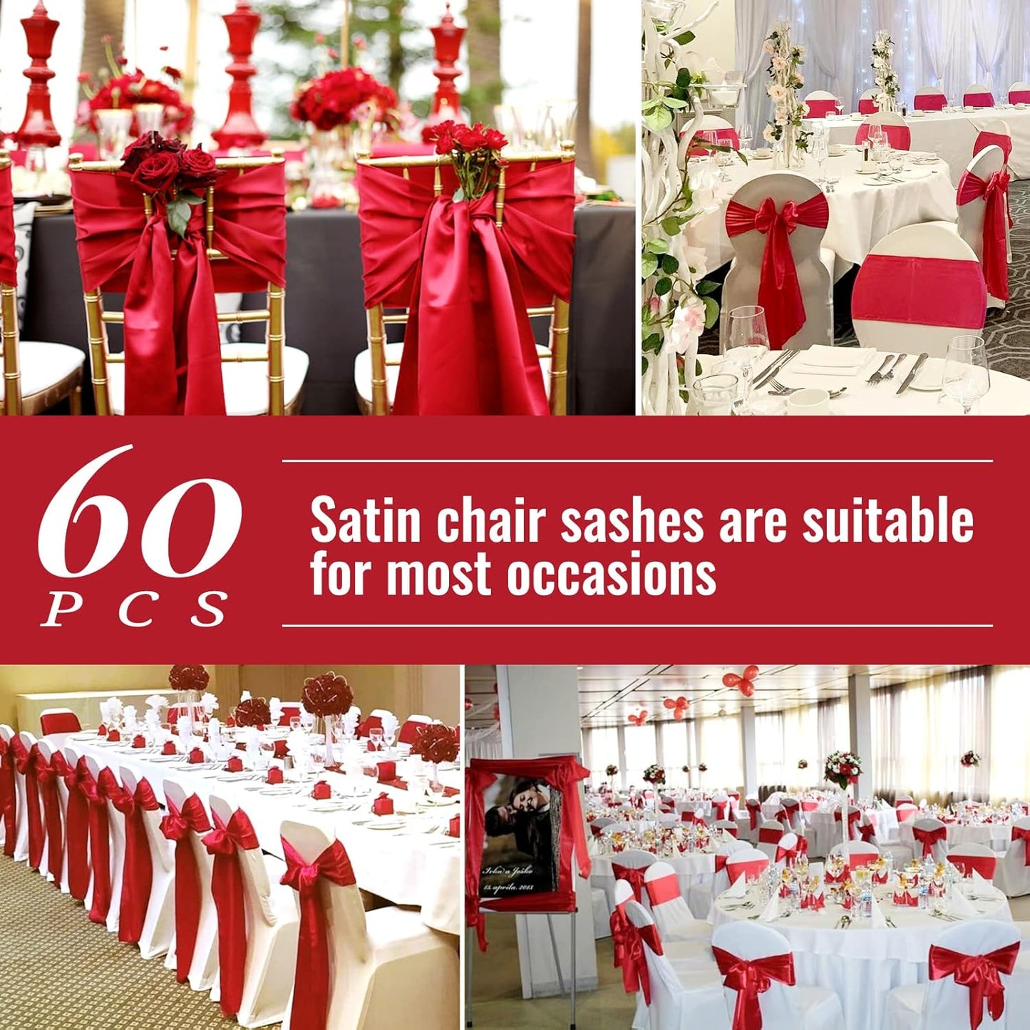 Showgeous 60 PCS Red Satin Chair Sashes - Elegant Bows for Wedding & Party Decor | 7 x 108 Inch