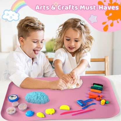 AtMini Silicone Craft Mat for Kids - 24"x16" Non-Slip & Raised Lip | Reusable Art Mat for Painting, DIY Crafts (Pink)