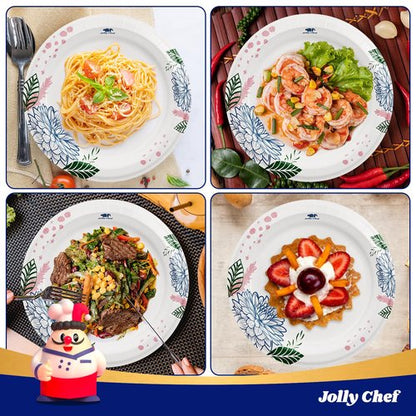 JOLLY CHEF 𝟭𝟰𝟬 𝗖𝗼𝘂𝗻𝘁 𝗣𝗮𝗽𝗲𝗿 𝗣𝗹𝗮𝘁𝗲𝘀 𝟭𝟬 𝗶𝗻𝗰𝗵 Soak Proof, Cut Proof, Heavy Duty Flower Printed Disposable Paper Plates for Everyday Use