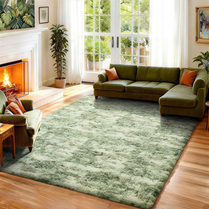 Ophanie Area Rugs - Fluffy Green and White Shag Carpet for Living Room | Soft 6x9 Plush Design