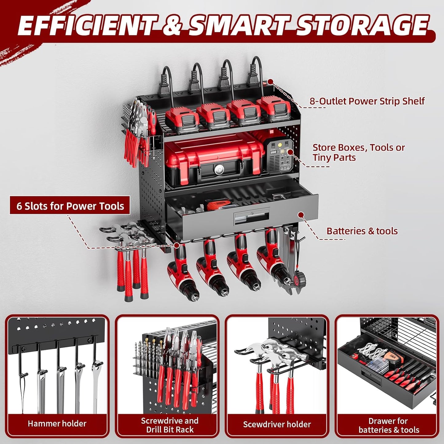 Power Tool Organizer - Heavy Duty Wall Mount Storage Rack | 130 lbs Capacity, 4 Layers, 6 Drill Holders