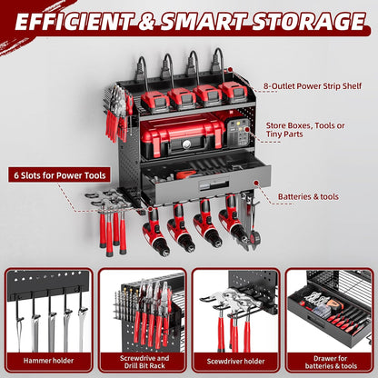 Power Tool Organizer - Heavy Duty Wall Mount Storage Rack | 130 lbs Capacity, 4 Layers, 6 Drill Holders
