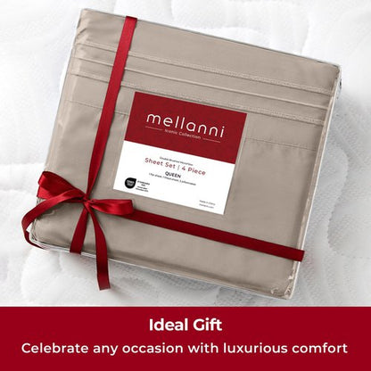 Mellanni Extra Deep Queen Sheets - 4 PC Iconic Collection Bedding - Hotel Luxury, Ultra Soft, Cooling Bed Sheets - Wrinkle, Fade, Stain Resistant (Queen, Tan)