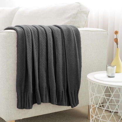 Carriediosa Dark Grey Knit Throw Blanket 60 x 80 with Cable Knit & Stripe Design