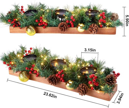 Brightown Foldable Wooden Box - 23.6" Christmas Decor with Fairy Lights, Pine Cones & Ornaments