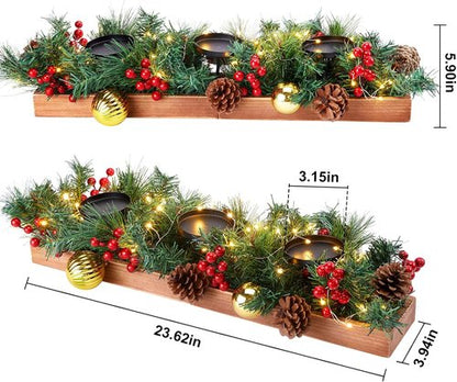 Brightown Foldable Wooden Box - 23.6" Christmas Decor with Fairy Lights, Pine Cones & Ornaments