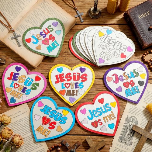 Anglechic 12 Sets Easter Christian Crafts Jesus Loves Me Wood Craft Religious Wooden Heart DIY Activities for Easter Sunday School VBS DIY Gift Activity
