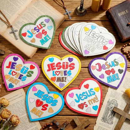 Anglechic 12 Sets Easter Christian Crafts Jesus Loves Me Wood Craft Religious Wooden Heart DIY Activities for Easter Sunday School VBS DIY Gift Activity