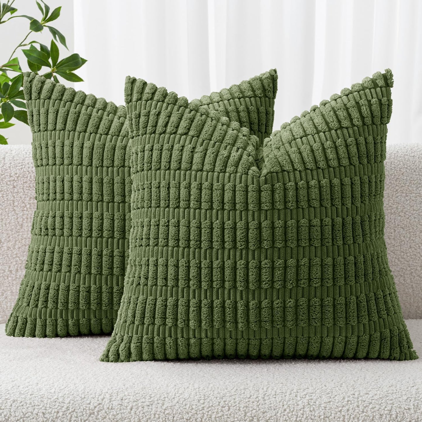 MIULEE Decorative Throw Pillow Covers - Soft Boho Striped Corduroy | 18x18 Inch, Pack of 2, Moss Green