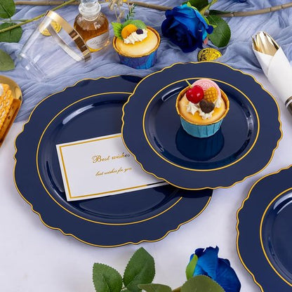 Liacere Navy Blue Plastic Plates - 350PCS Disposable Dinnerware Set for 50 Guests | Includes Napkins & Silverware
