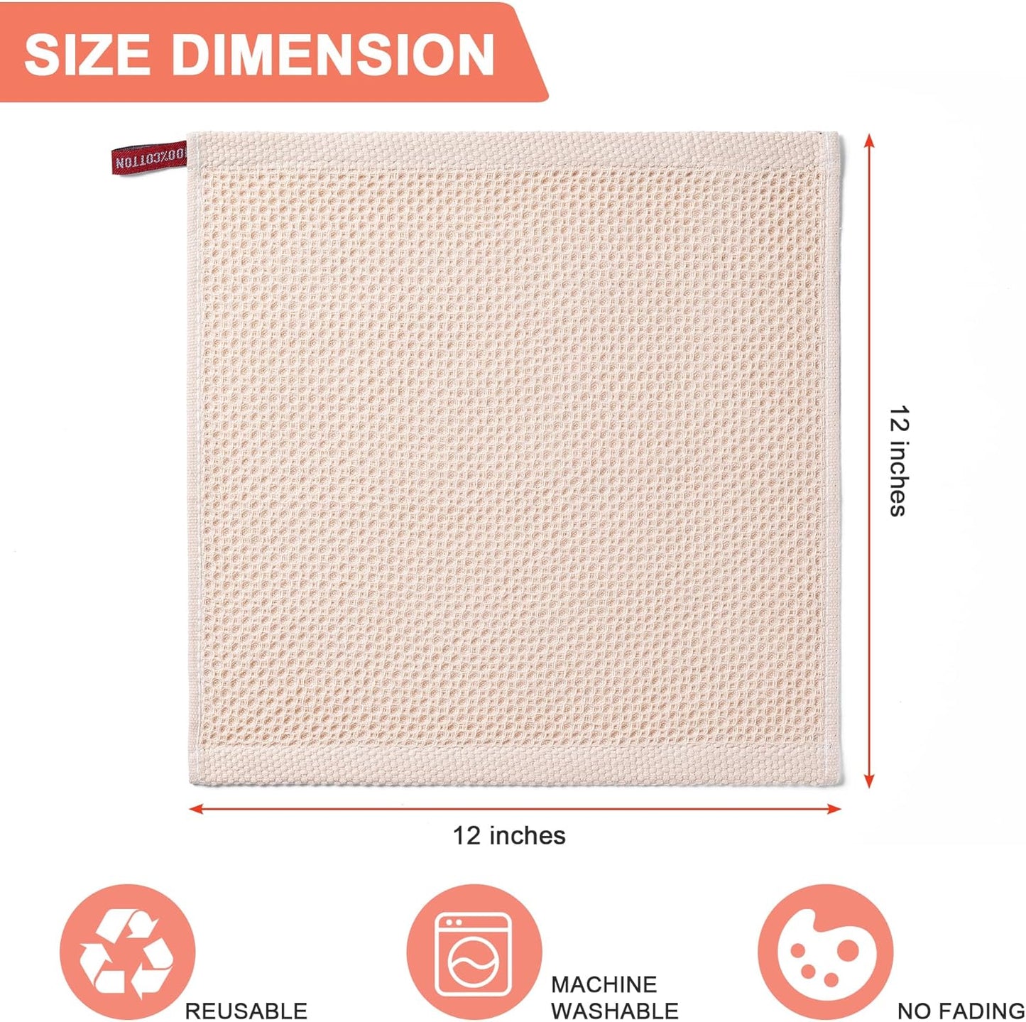 Regine Switzerland 6-Pack Kitchen Dish Cloths - Ultra Soft 100% Cotton Waffle Weave, Quick Drying, 12x12 Inches, Beige
