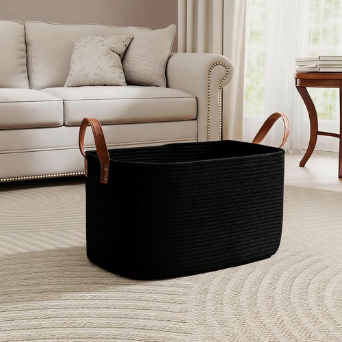 BOLDMONKEY 72L Laundry Basket with Leather Handles,Woven Cotton Rope Blanket Basket,Toy Bin for Baby Room,Laundry Hampers for Bedroom, Living Room,Bathroom,22"x17"x11.8" Black