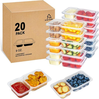MACTANO Reusable Snack Containers - 9 oz Double Compartment Meal Prep Boxes | BPA-Free, 20 Sets for Work & Travel