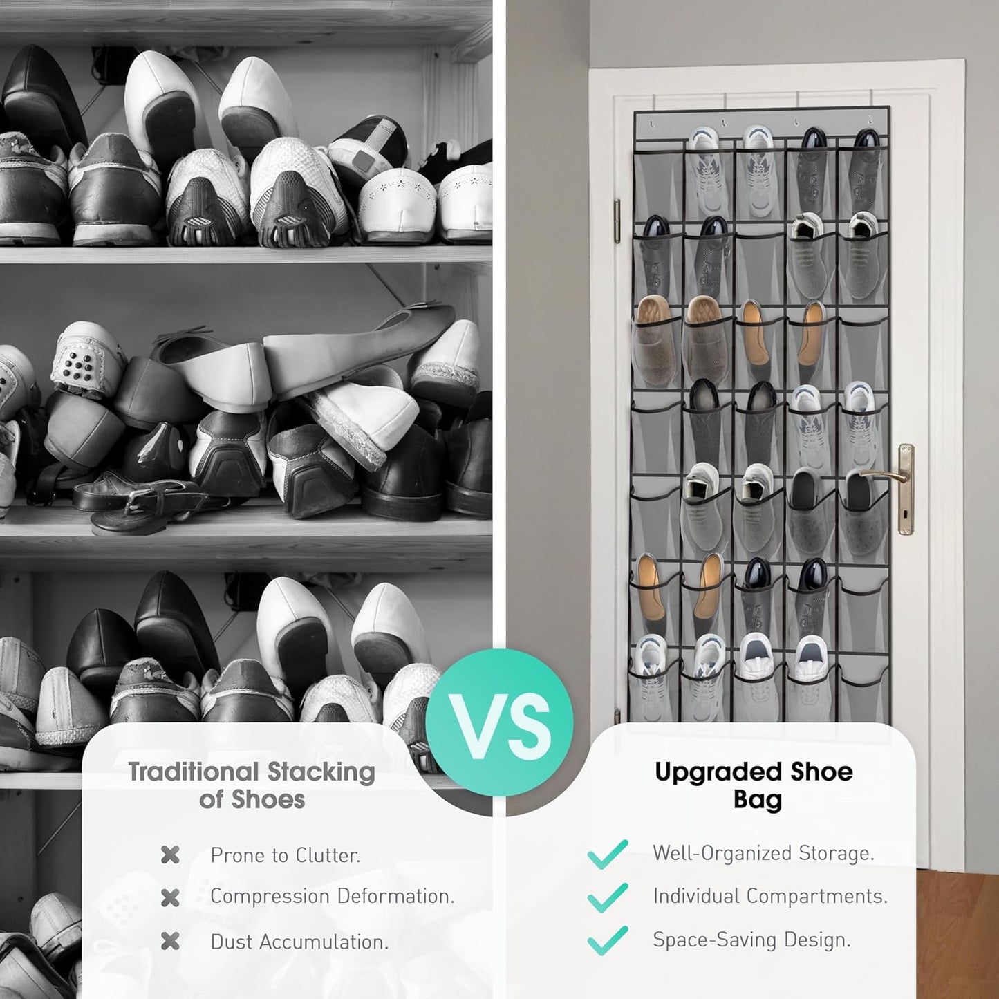 WVM Over The Door Shoe Organizer - 35 Breathable Mesh Pockets & 4 Metal Hooks - Large Grey Storage Solution