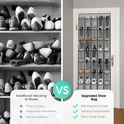 WVM Over The Door Shoe Organizer - 35 Breathable Mesh Pockets & 4 Metal Hooks - Large Grey Storage Solution