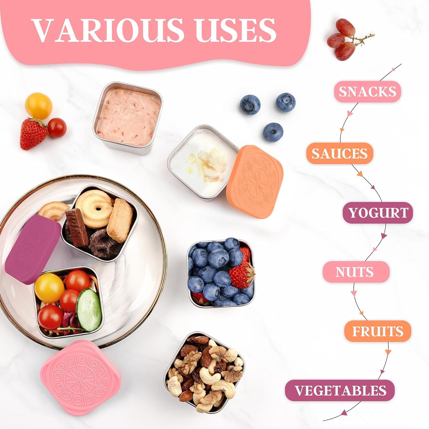 Qukaka Stainless Steel Snack Containers - Leak-Proof & Easy Open - 7.2oz, 3-Pack for Kids' Lunches