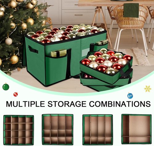 Christmas Ornament Storage Box - Zippered Container with Dividers & 8 Removable Trays, Holds 128 Balls | 600D Oxford Green