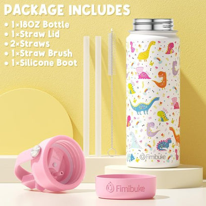 Fimibuke Kids Insulated Water Bottle - 18oz BPA-Free Stainless Steel Tumbler with Straw | Leak-Proof Design for School (Trucks)
