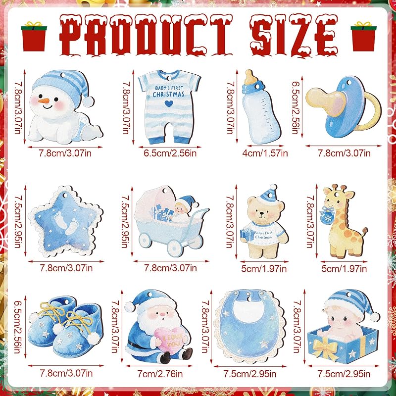 Baby's First Christmas Ornaments 24 Pcs Wooden Keepsake - Blue Boy, 12 Styles (Variation: Boy)