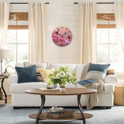 12-Inch Silent Round Wall Clock with Non-Ticking Mechanism - Pink Rose Butterfly Variation
