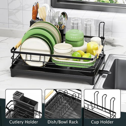 Epicano Dish Drying Rack - Space-Saving Rustproof Drainer with Utensil Holder & Knife Slots | Black