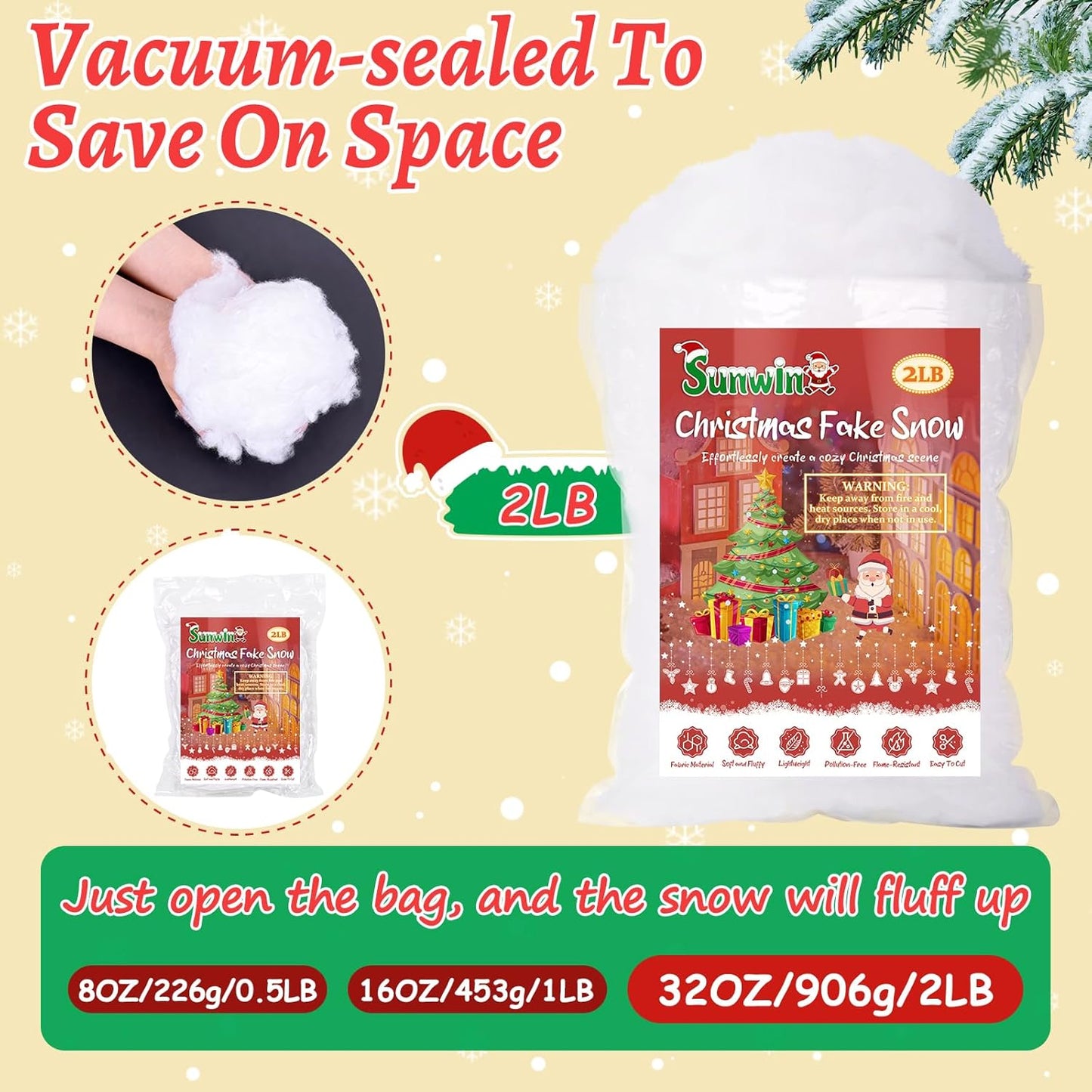 Regine Switzerland 32 OZ Fluffy Artificial Snow - White Cotton Faux Snow for Christmas Decor & Crafts