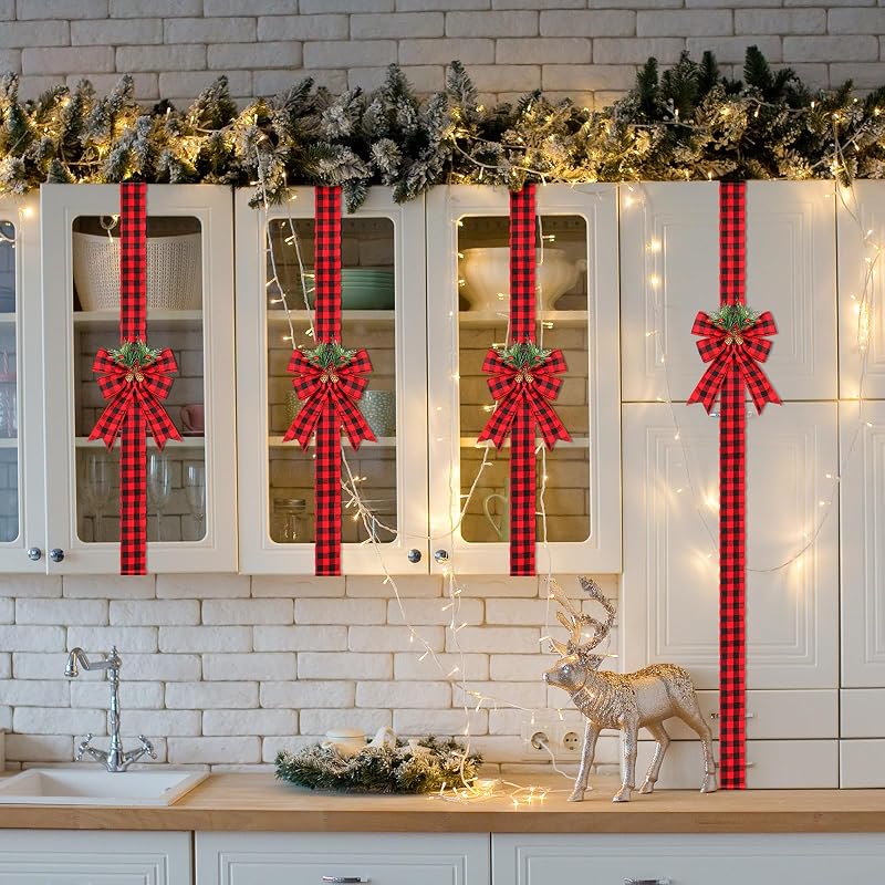 Crowye 8 Pcs Christmas Ribbon Bow Set with Pine Cones - Red Black Plaid Cabinet Decoration (Variation: Red and Black Plaid)