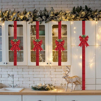 Crowye 8 Pcs Christmas Ribbon Bow Set with Pine Cones - Red Black Plaid Cabinet Decoration (Variation: Red and Black Plaid)