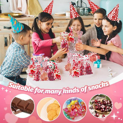Biubee Valentine Cellophane Bags - 160 Pcs Clear Treat Bags with 4 Assorted Styles & Twist Ties | 10.6''x5''