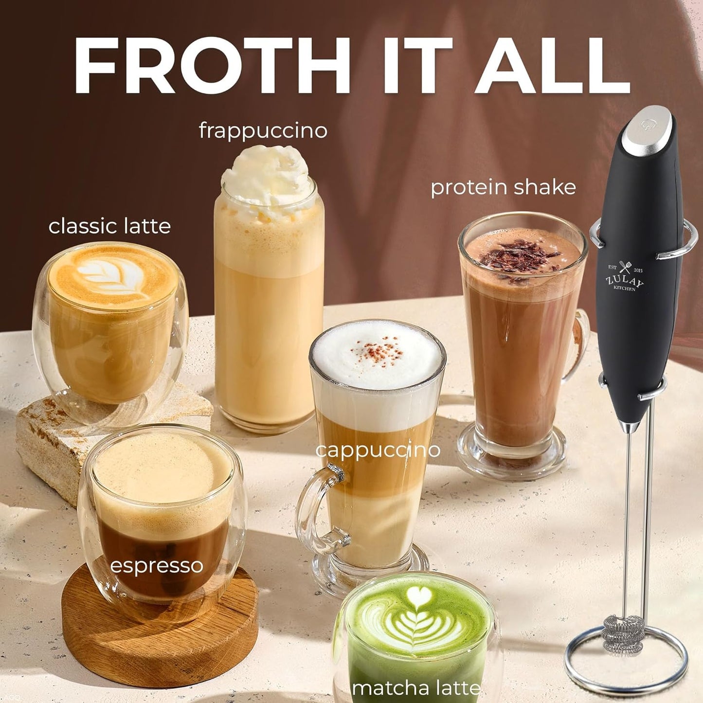 Zulay Kitchen Patented Tornado Triple Whisk Milk Frother with 2 Duracell Batteries – Handheld Foam Maker for Coffee, Lattes, Matcha & Hot Chocolate – Rich, Creamy Froth in Seconds