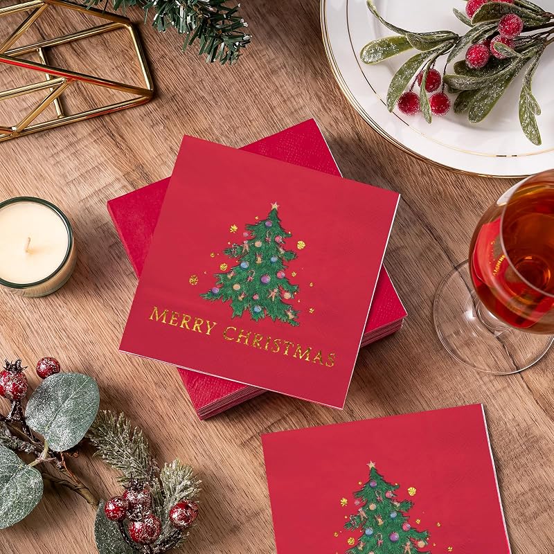 5 x 5 Inch 50-Count 3-Ply Christmas Tree Red Paper Napkins - Wrapped Pack