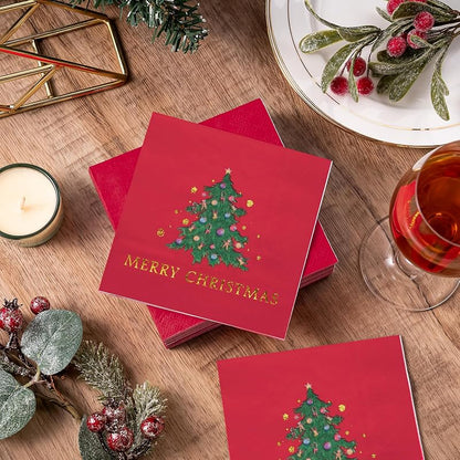 5 x 5 Inch 50-Count 3-Ply Christmas Tree Red Paper Napkins - Wrapped Pack