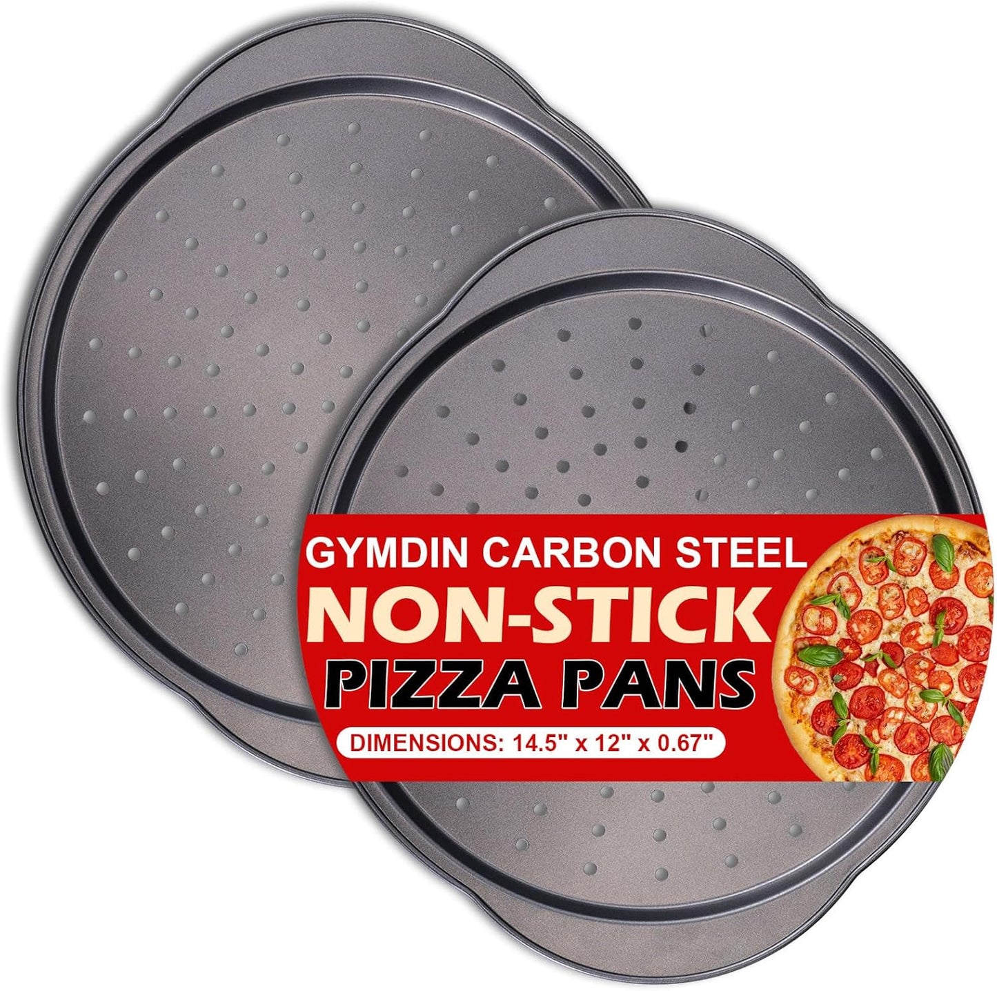 Skiennix 13" Round Pizza Pan - Non-Stick Carbon Steel with Holes & Handle | Easy to Clean & Oven Safe (2 Pack)