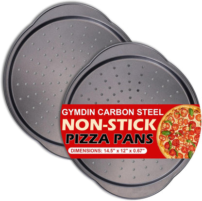 Skiennix 13" Round Pizza Pan - Non-Stick Carbon Steel with Holes & Handle | Easy to Clean & Oven Safe (2 Pack)