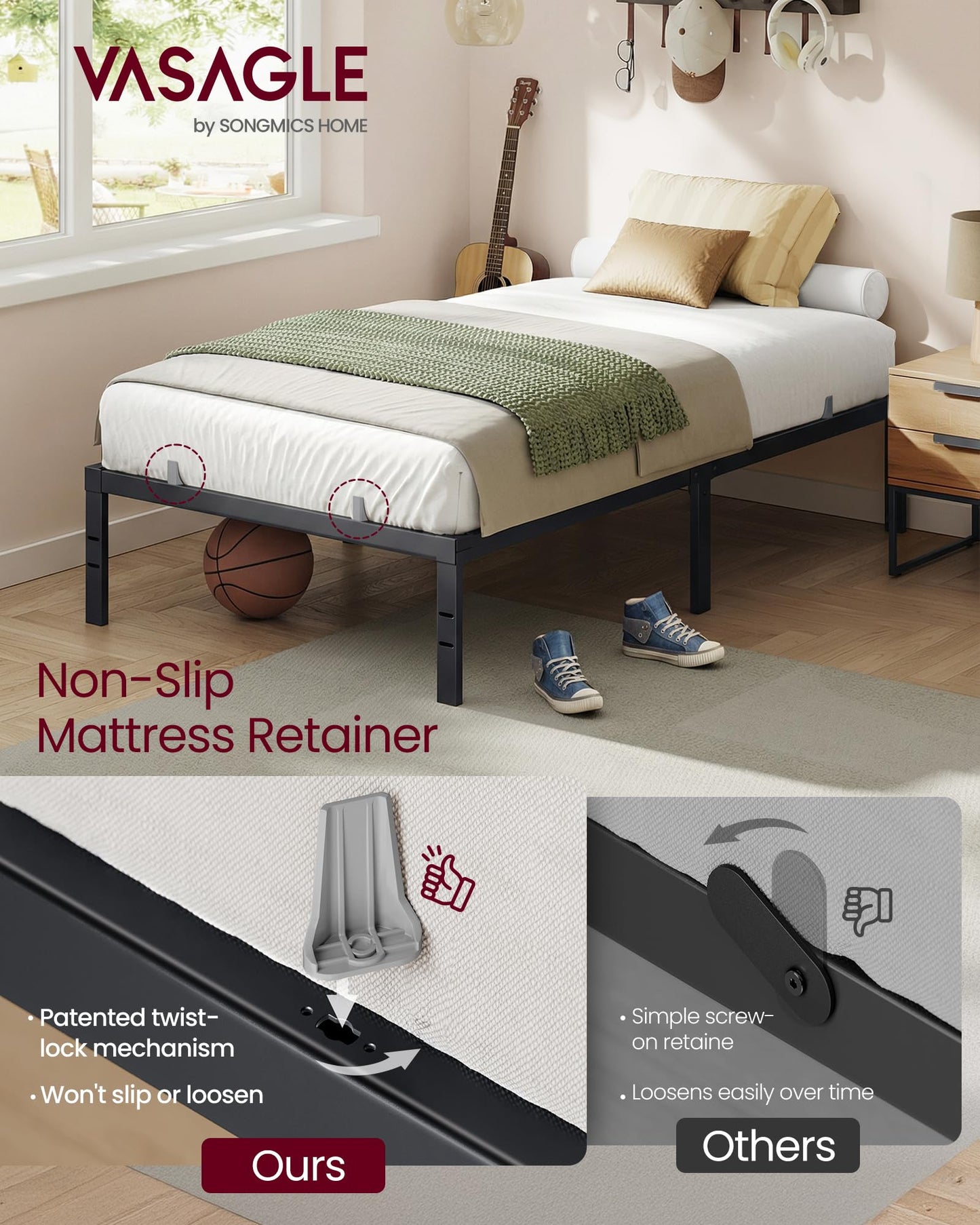 VASAGLE Twin Metal Bed Frame 14 Inches Tall, 550 lb Weight Capacity, No Box Spring Needed, with Under-Bed Storage, Easy Setup, Heavy-Duty Platform Bed, Mattress Retainers, Matte Black URMB653BD02S